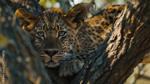 close-up portrait of a leoperd in a tree photo