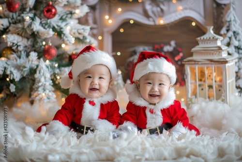 Two adorable babies joyfully celebrate the holiday season in stylish Santa Claus costumes, spreading Christmas cheer and festive fun. photo