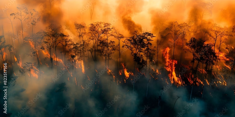 Amazon rainforest fire threatens biodiversity climate change and global environmental impact. Concept Amazon Rainforest, Biodiversity, Climate Change, Environmental Impact, Deforestation