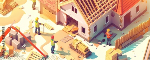 Construction site with workers building houses, illustrating teamwork and progress in a vibrant environment.