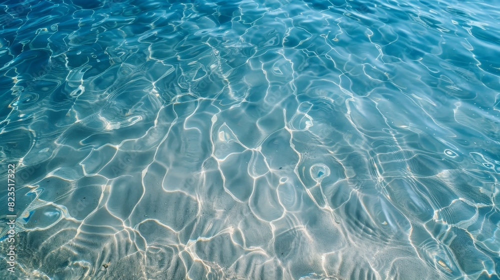 Obraz premium Crystal clear blue water with sunlight reflections creating mesmerizing patterns on the surface. Perfect for backgrounds and nature themes.