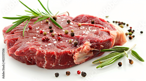 Raw ribeye steak and spices isolated on white