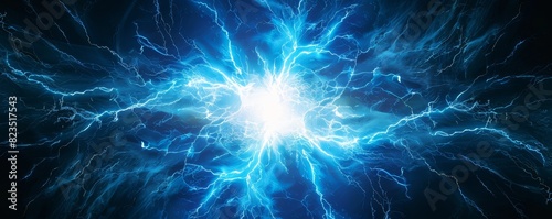 Dynamic burst of bright blue electric energy against a dark background, showcasing powerful and vibrant electric currents.