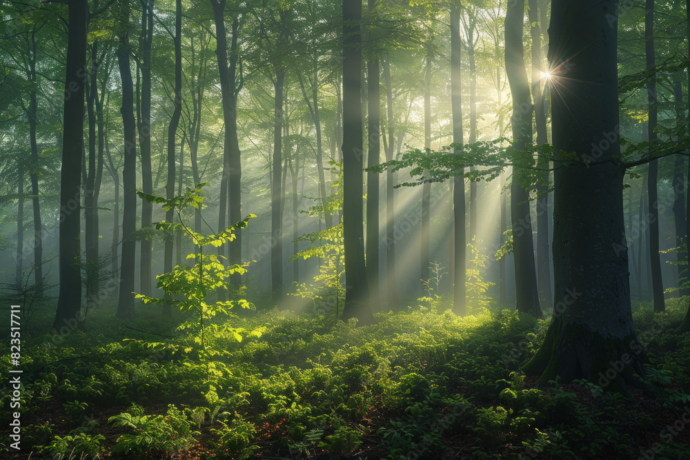 Fototapeta premium Green forest with beech trees, during spring time, with sun light and shadows, in a morning misty atmosphere.