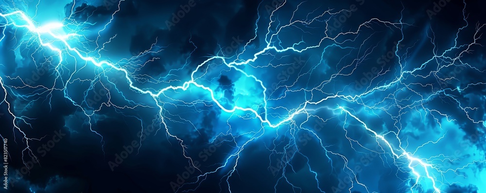 Obraz premium Electrifying blue lightning bolt striking vividly through a dark sky, creating an impactful and energetic visual scene.