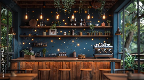 Stylish cafe interior with wooden furniture, hanging lights, and green foliage, evoking a cozy ambiance © familymedia