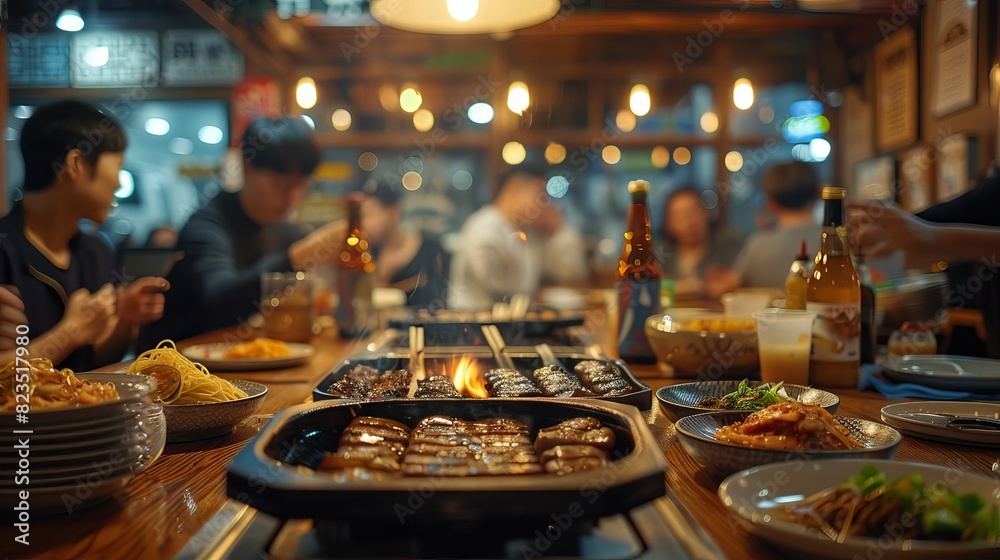 Depict a traditional Korean restaurant setting, with patrons grilling samgyeopsal at their tables and chatting happily, Close up