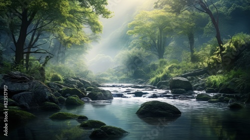 Peaceful forest stream with sunlight filtering through trees  creating a serene and calming natural landscape perfect for relaxation and meditation.