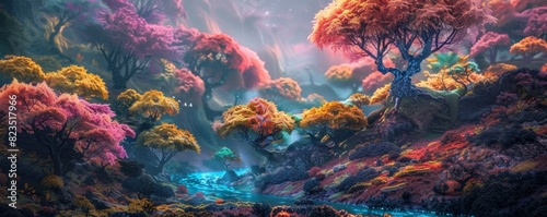 Enchanting fantasy forest with colorful trees and a glowing river, creating a magical and surreal atmosphere in nature. photo
