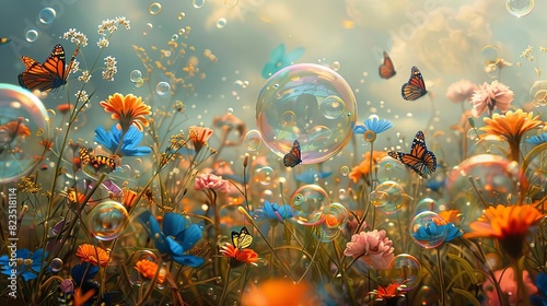 Depict a whimsical scene of bubbles floating over a meadow filled with wildflowers, with butterflies flitting among them, Close up photo