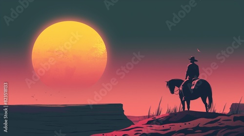 Illustration of cowboy on horseback overlooking canyon at sunset in southwest desert.