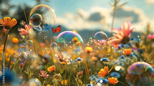 Depict a whimsical scene of bubbles floating over a meadow filled with wildflowers, with butterflies flitting among them, Close up photo