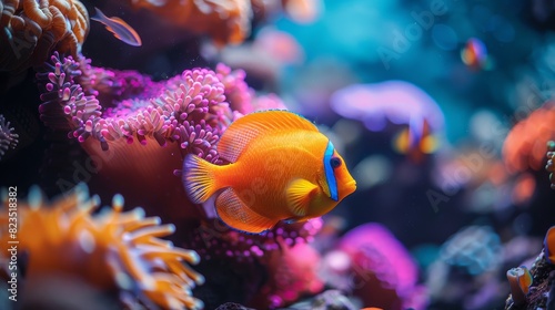 A brightly colored orange fish swims among vibrant coral reefs in an underwater marine scene