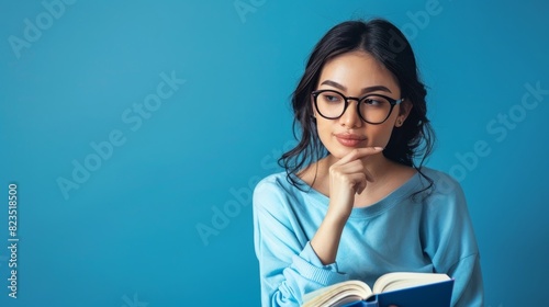 Pensive Female Student or Professional Woman Wearing Glasses and Contemplating While Reading a Book in a Blue Studio Setting,Symbolizing Introspection,Education,and Intellectual Pursuits