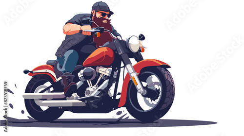 Illustration of a bearded biker on a motorcycle on a white background. Biker lifestyle.