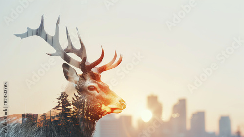 Double exposure of a deer and a city, created with generative AI technology #823518765