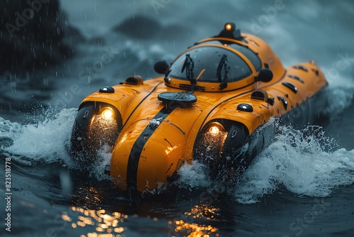 Futuristic yellow amphibious vehicle driving through water. © Pukkaraphong