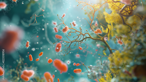 Microscopic view of orange bacteria interacting with a branching structure in a vibrant, fluid environment, highlighting detailed, intricate organisms.