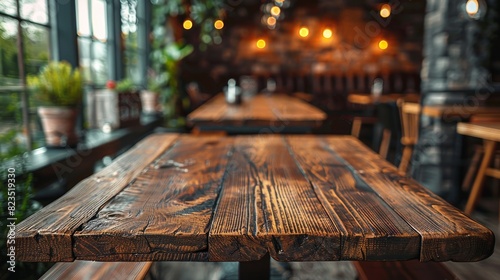 Focus on a detailed wooden table texture in a cafe with soft bokeh background creating a warm ambiance © familymedia