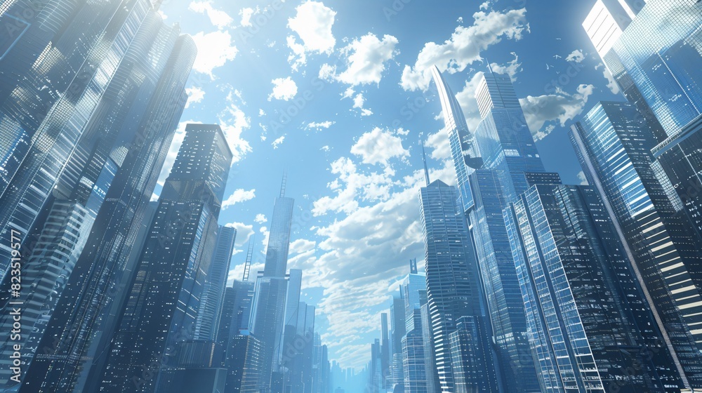  a futuristic city with tall buildings and a blue sky.