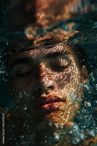 Underwater Calm Serene Young Man's Face Submerged with Light Reflections and Tranquil Bubbles