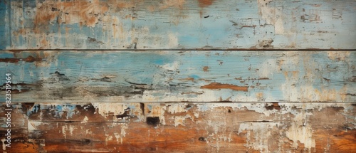 Distressed paint on wood with peeling details, rustic background