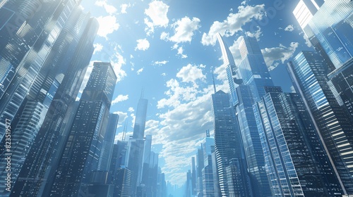  a futuristic city with tall buildings and a blue sky.