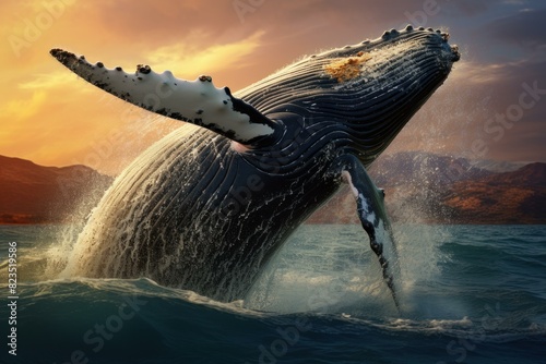 Stunning humpback whale leaps from the ocean against a dramatic sunset backdrop © juliars