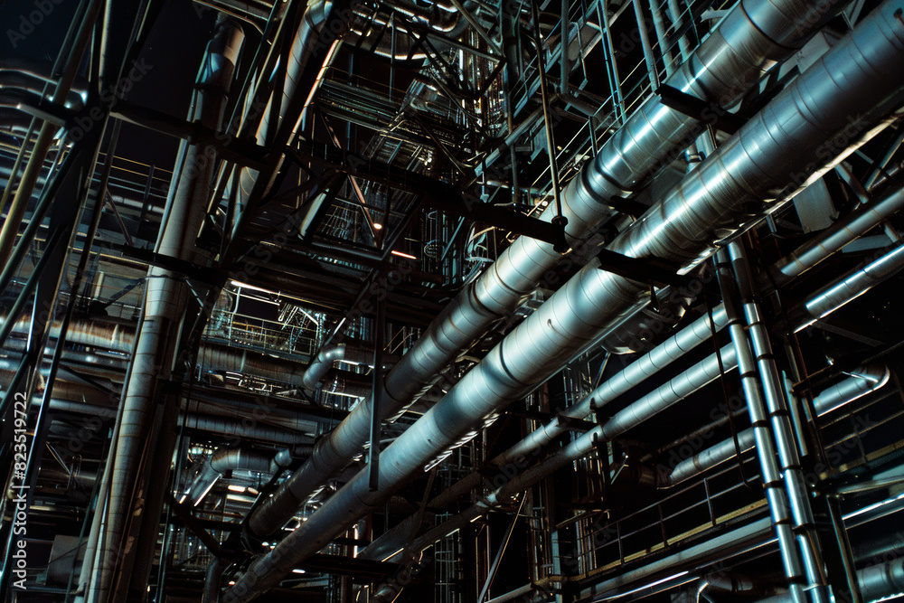 Industrial Plant Piping Network at Night Complex Steel Structures in a Modern Manufacturing Facility Industrial Plant Piping Network at Night Complex Steel Structures in a Modern Manufacturing Facility