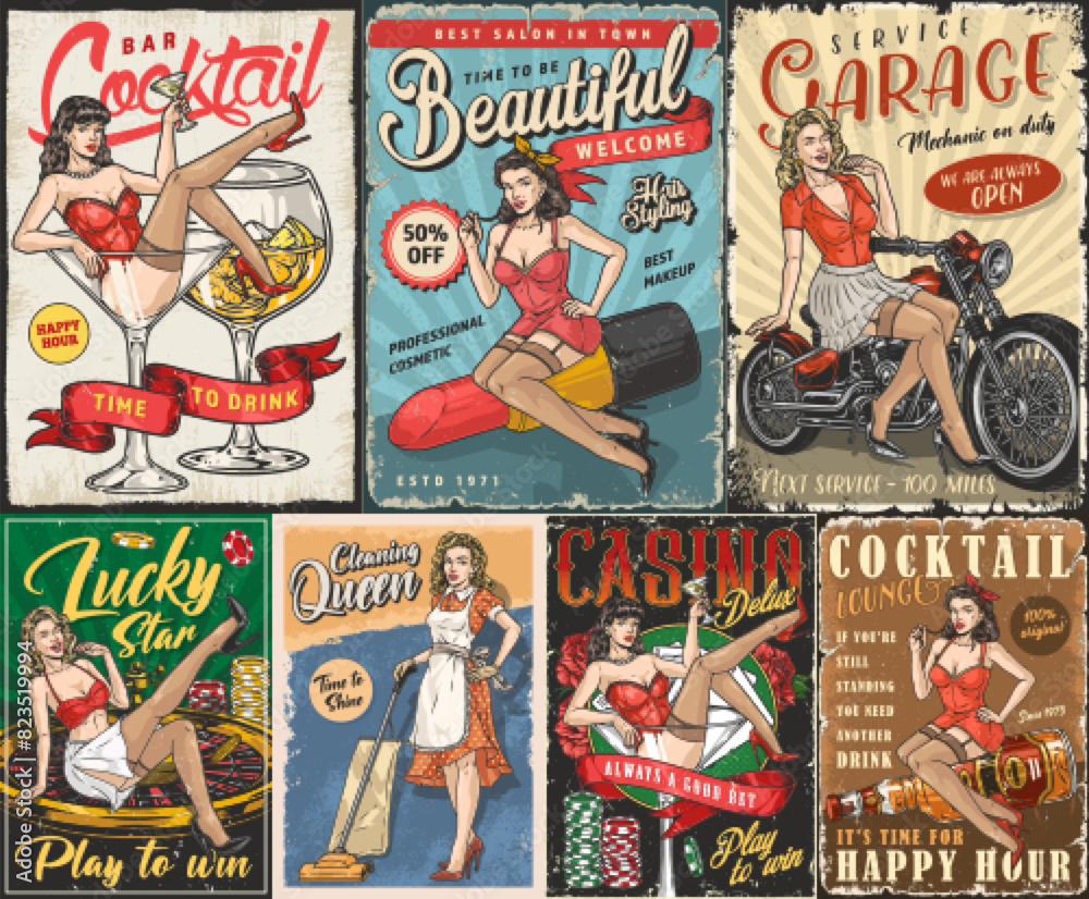Obraz premium Pinup girls colorful set poster