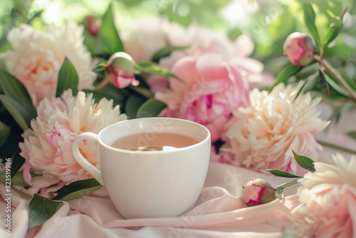 Cozy Morning Tea with Pink Peonies in Soft Natural Light