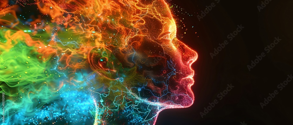 Brick red color digital hologram futuristic face neuron link on a neuron connection, Artificial intelligence concept, isolated on black background