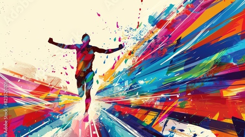 Colorful marathon winner finish background, sport and activity background, An inspiring marathon poster featuring a runner crossing the finish line, Abstract image elements and vibrant colors