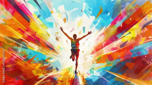 Colorful marathon winner finish background, sport and activity background, An inspiring marathon poster featuring a runner crossing the finish line, Abstract image elements and vibrant colors
