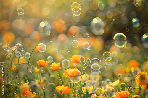 Sunlit Meadow Filled with Vibrant Yellow Flowers and Floating Bubbles in a Dreamlike Summer Scene