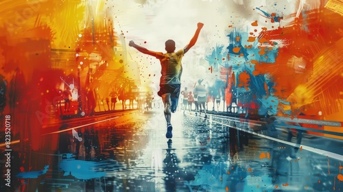 Colorful marathon winner finish background, sport and activity background, An inspiring marathon poster featuring a runner crossing the finish line, Abstract image elements and vibrant colors photo