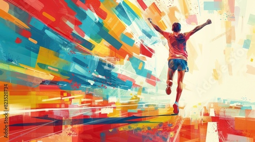 Colorful marathon winner finish background, sport and activity background, An inspiring marathon poster featuring a runner crossing the finish line, Abstract image elements and vibrant colors