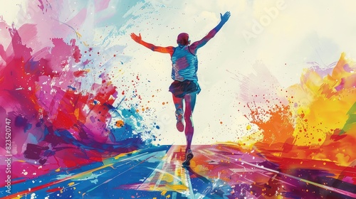 Colorful marathon winner finish background, sport and activity background, An inspiring marathon poster featuring a runner crossing the finish line, Abstract image elements and vibrant colors