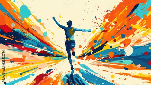 Colorful marathon winner finish background, sport and activity background, An inspiring marathon poster featuring a runner crossing the finish line, Abstract image elements and vibrant colors