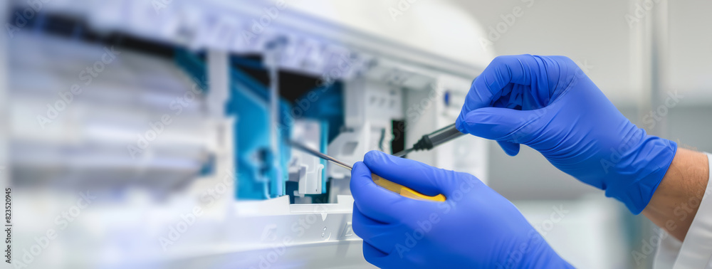 Fototapeta premium closeup of hands in gloves using screwdriver to disi happens air conditioner,