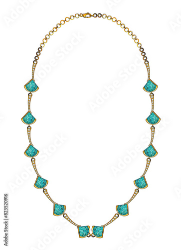 Necklace jewelry design set with diamond and turquoise sketch by hand on paper.