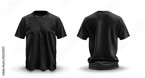 A black tshirt viewed from both front and back, laid on a white surface