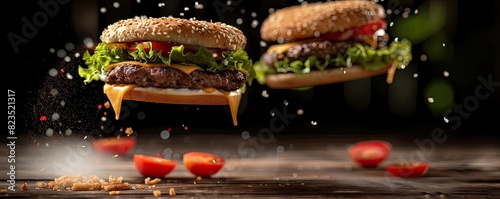 Dynamic image of two juicy burgers with lettuce, tomato, and cheese flying in the air with ingredient splashes. Perfect for food and beverage promotions.