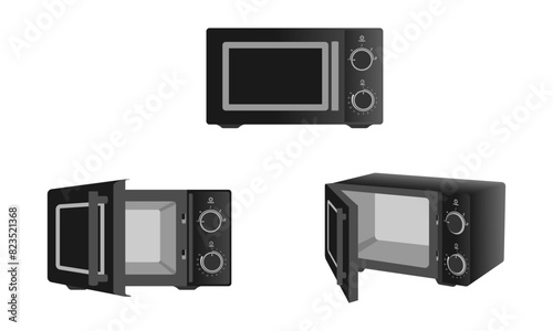 microwave oven vector with side view and front view, open and closed door. vector illustration isolated on white background.