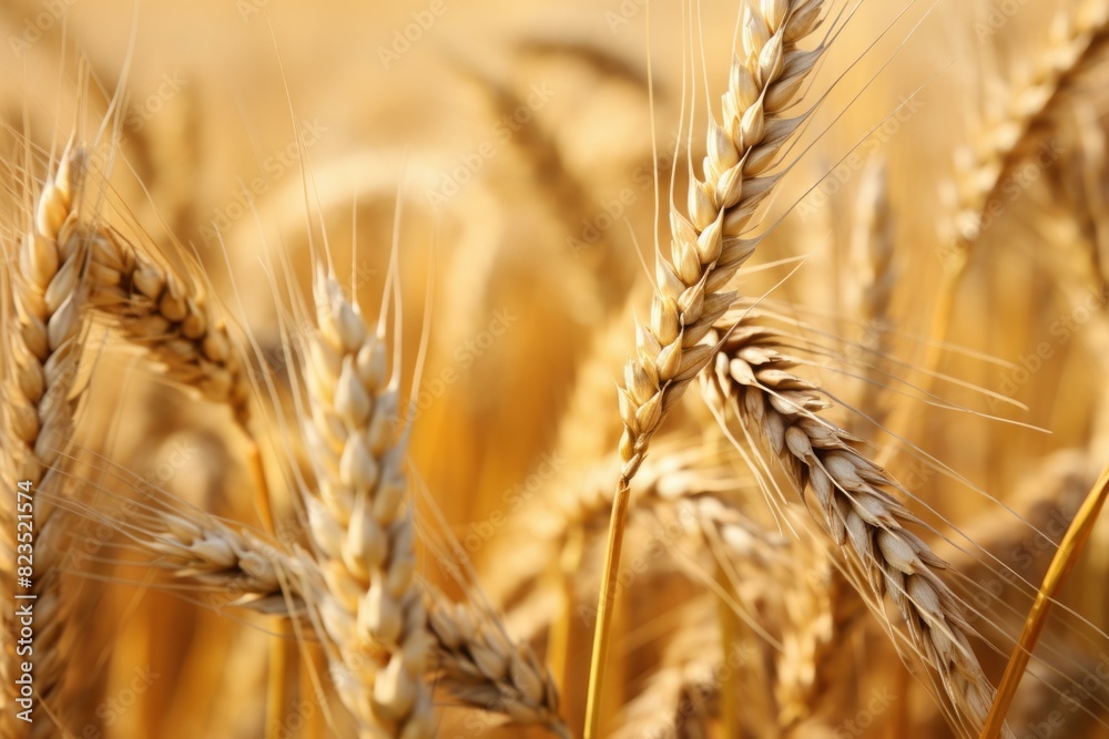 Close-up of golden wheat field. Ripe ears of cereal crop growing in agricultural farmland during harvest season. Under the warm sunlight of a rural summer scene Close-up of golden wheat field. Ripe ears of cereal crop growing in agricultural farmland during harvest season. Under the warm sunlight of a rural summer scene