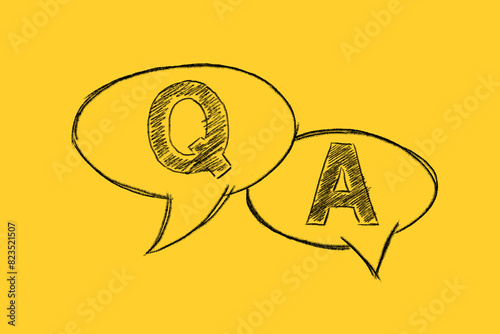 Two speech bubbles with scribbled Q and A letters symbolize a question and answer concept on a bright yellow background.