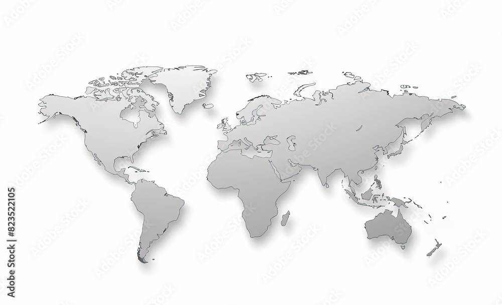 A gray and white world map with a shadow on a white background
