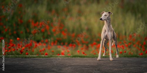 Beautiful portrait of a light fawn brindle whippet with light eyes at sunset, standing in front of a poppy field, wide photo