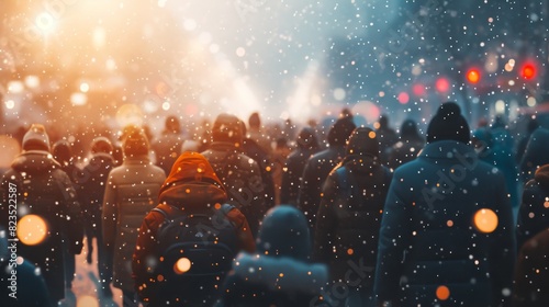 An atmospheric urban winter scene capturing a dense crowd of city dwellers during a snowy evening with glowing street lights. photo