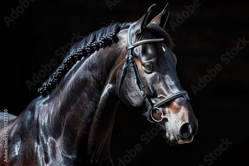 Close up of a horse wearing a bridle, perfect for equestrian designs photo